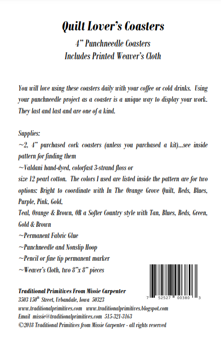 Traditional Primitives - Wholesale Craft Sewing Kit - Quilt Lovers Coaster Punchneedle Pattern1