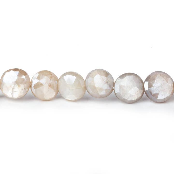 8-9mm Mystic Grey & Off White Moonstone faceted coins 14 inch 33 beads for wholesale by Beads of Cambay