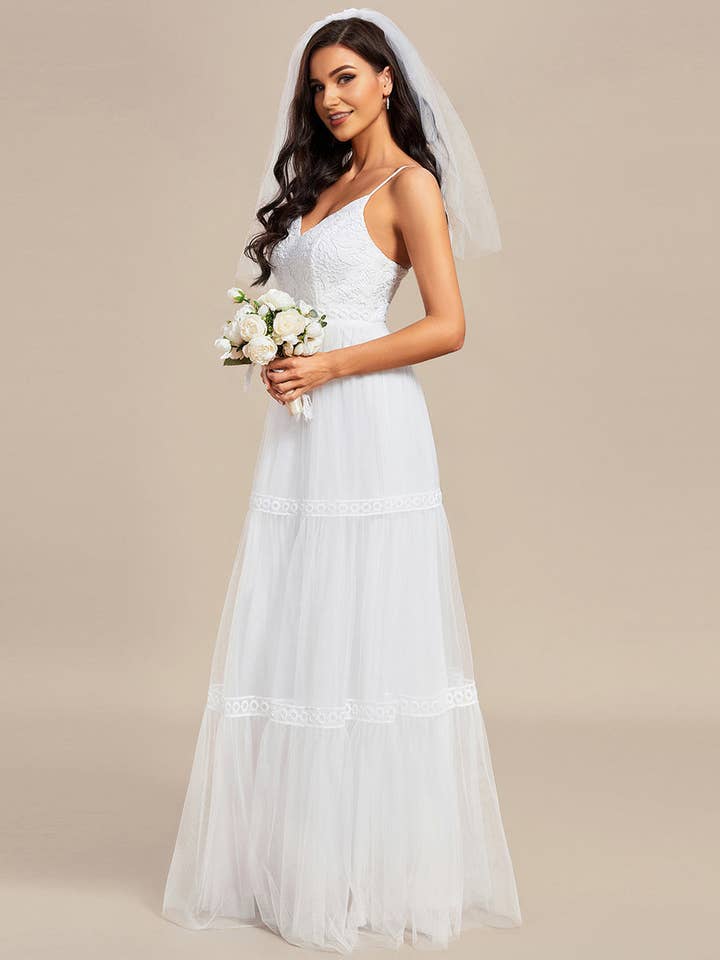 White Spaghetti Straps Mesh Wedding Dress for wholesale on Faire12