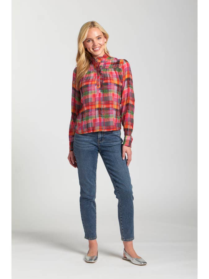 Ruffle Half Placket Blouse - Pink Multi for wholesale on Faire3