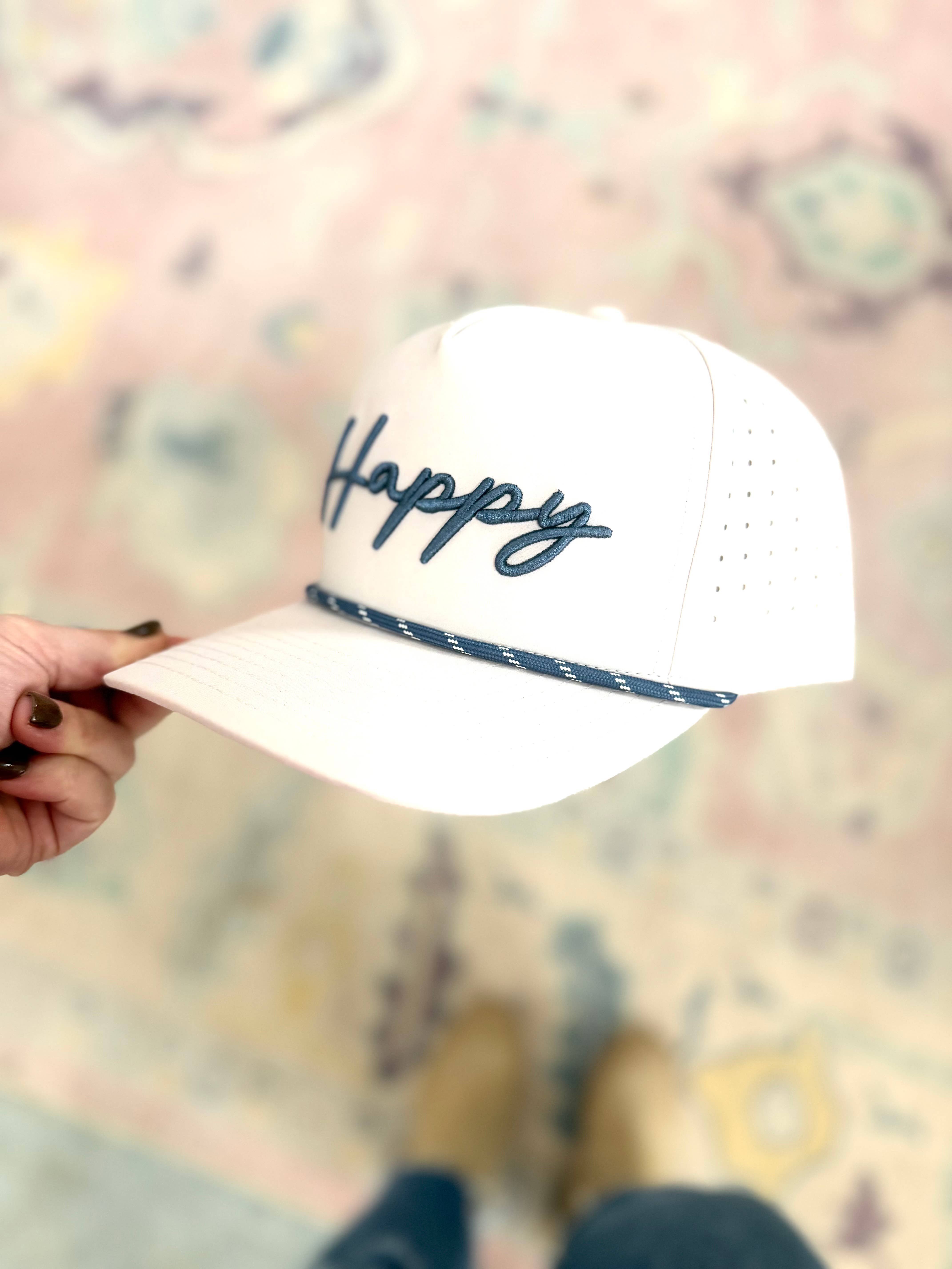 Happy By Rachel, LLC - Wholesale Trucker Hat - Women's - Happy Embroidered Rope Hat, Khaki1