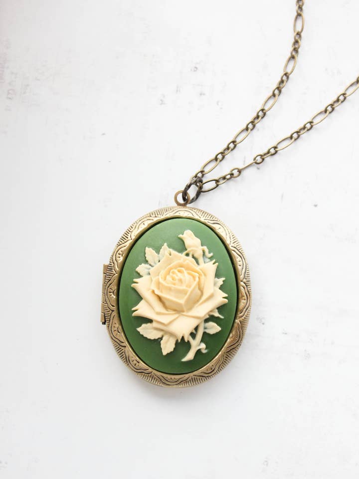 Big Locket Necklace | Floral Necklace | Green Rose Cameo for wholesale by A Pocket of Posies