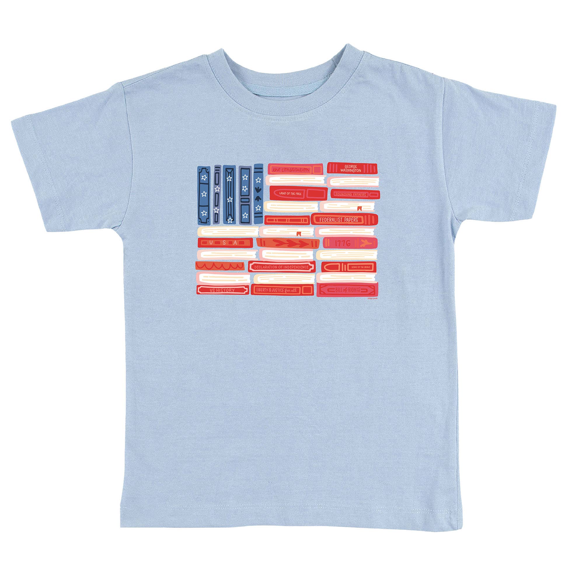 Pippi Post - Wholesale Screen Printed T-Shirt - Women's - American Flag Books Tee - Hydrangea1