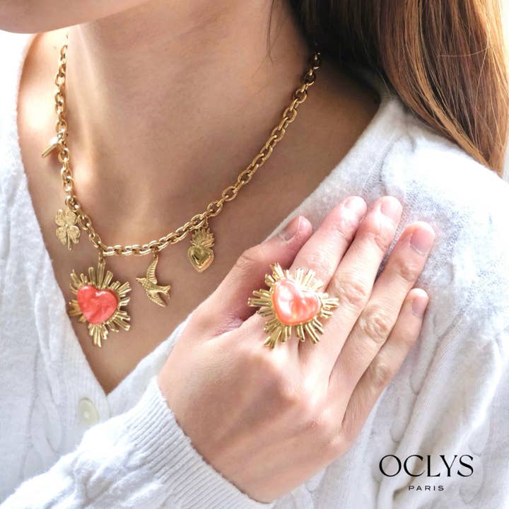 Oclys - Wholesale Pendant/Charm Necklace - Sacred heart chain necklace with colorful charms in stainless steel