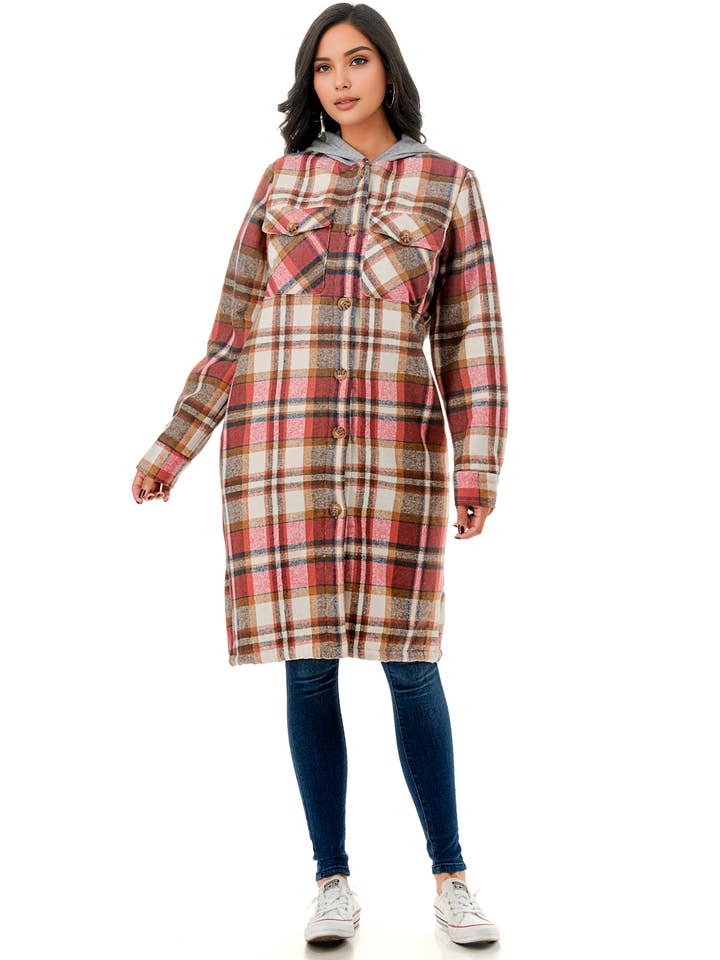 Color 5 – Großhandel Hemd – Damen – Super lange rote karierte Hemdjacke aus Flanell mit Taschen