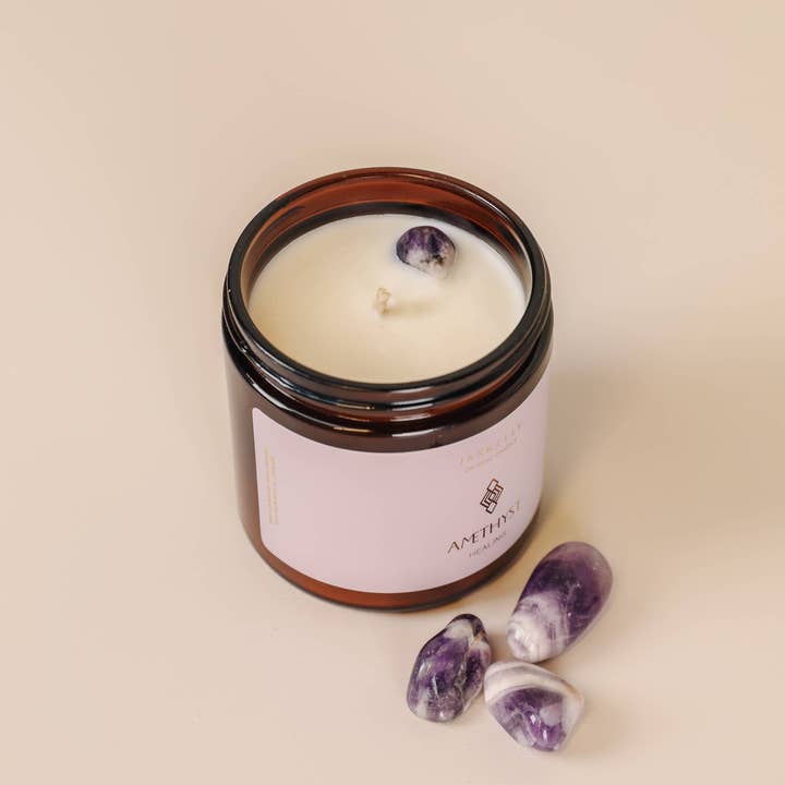 JaxKelly Candles - Wholesale Jar/Filled Candle - 4oz Amber Crystal Candles - Amethyst - Healing1