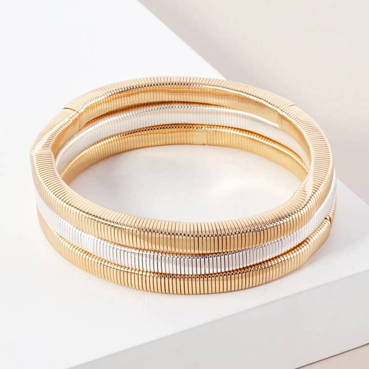 Wild Honey - Wholesale Jewelry Set - 3-PC-Set Layered Metal Stackable Stretch Square-Coil Bracelet3