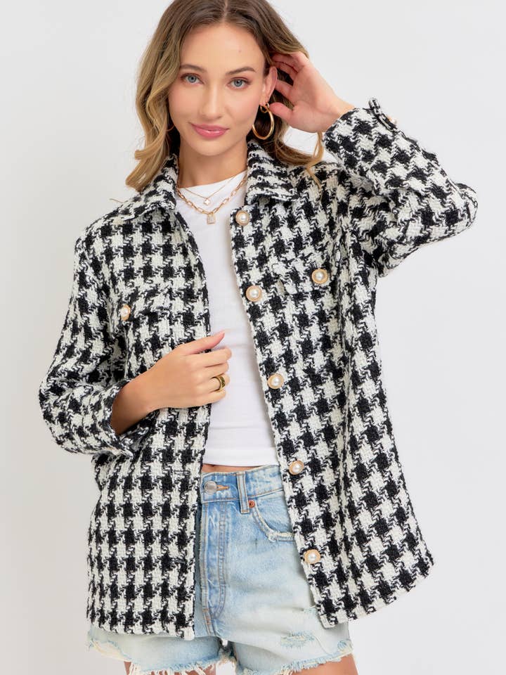 BLACK WHITE HUNDSTOOTH TWEED OUTERWEAR/BLAZER for wholesale on Faire