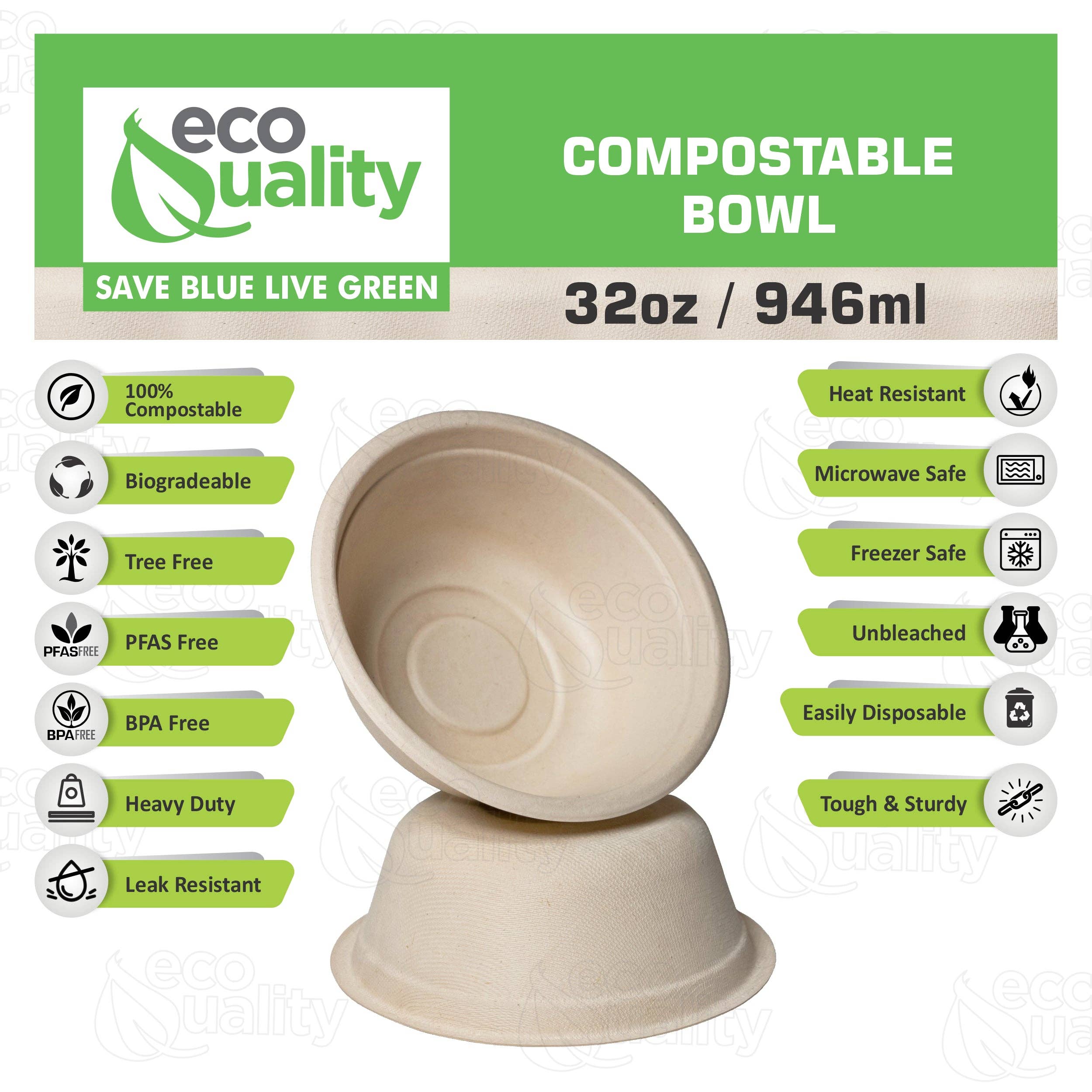 EcoQuality - Wholesale Disposable Plate - 32Oz Compostable Heavy Duty Disposable Bowls, Eco Friendly1
