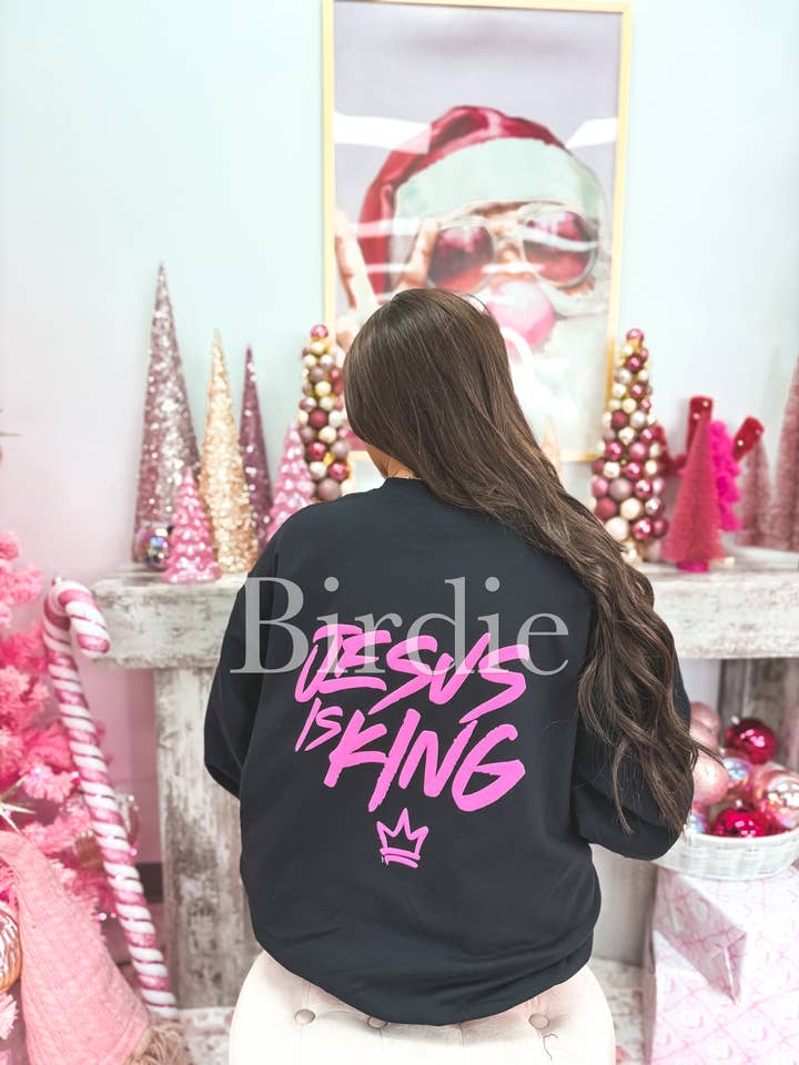 Jesus is King Puff Graphic Crewneck on Black for wholesale by birdie