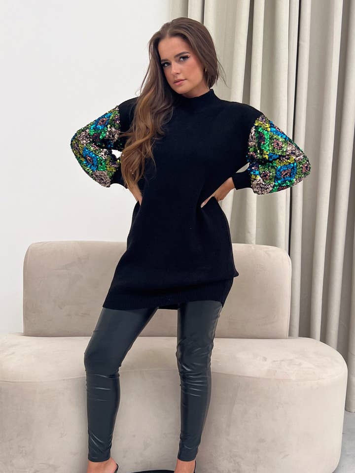 Abito maglione lavorato a maglia Bethany Sequin Nero per la vendita all'ingrosso da parte di Girl In Mind