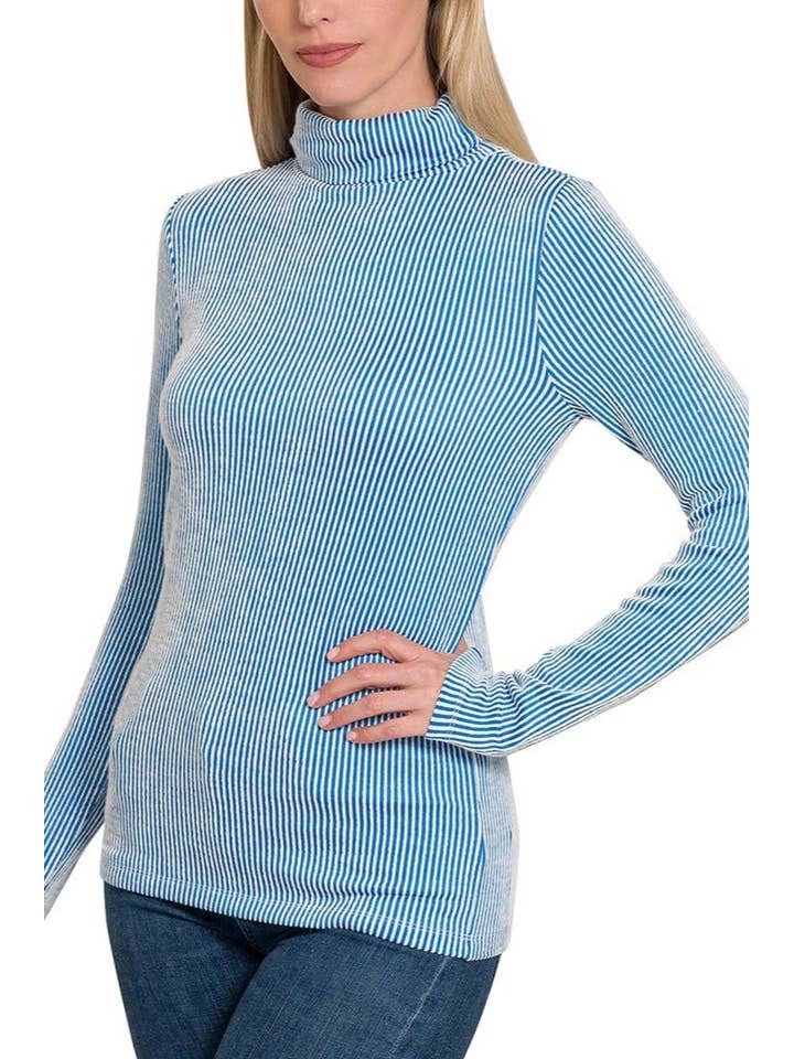 OCEAN BLUE Ribbed Turtle Neck Long Sleeve Top for wholesale on Faire0