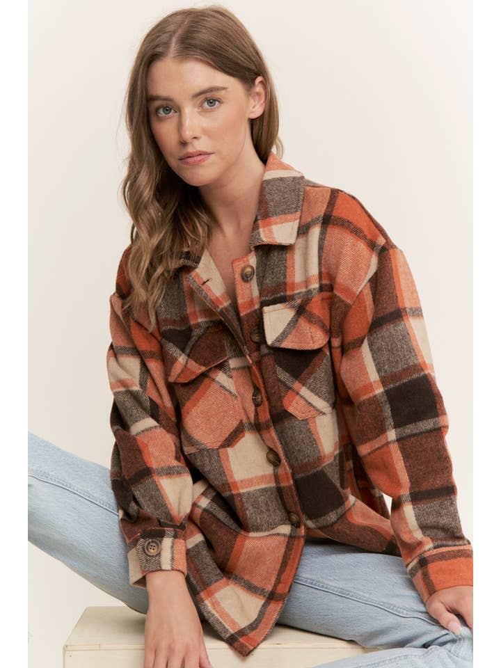 Sweet Generis – wholesale Shirt Jacket/Shacket - Women’s – FUZZY PLAID BUTTON DOWN FLANNEL SHIRT JACKET30