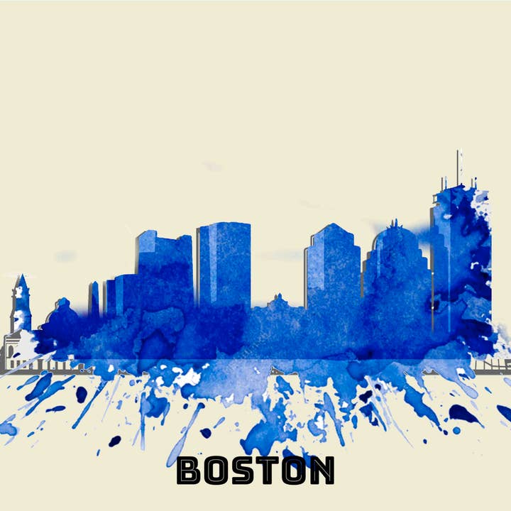 City Of Boston Blue Skyline Poster Watercolor Art for wholesale by BMS BIZ