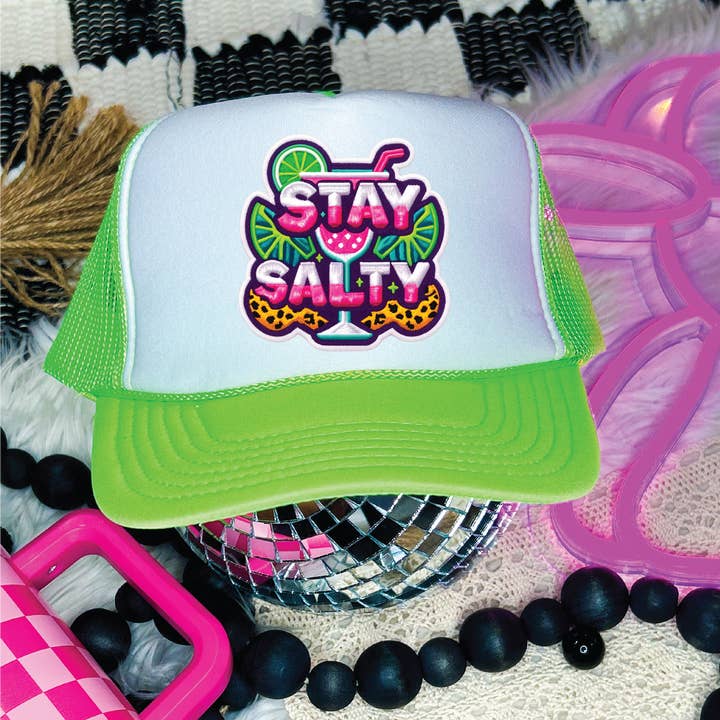 Stay Salty DTF Printed Neon Green & White Trucker Hat for wholesale by Southern Attitude Designs Inc