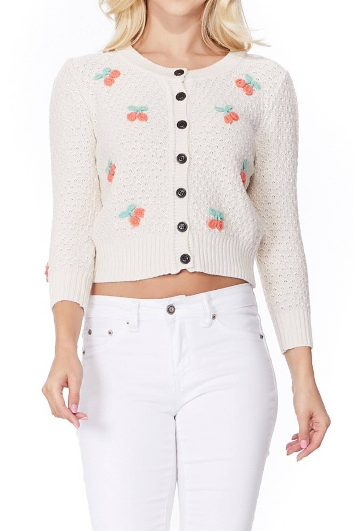 Mak - Wholesale Cardigan - Women's - Cherry Crochet Pom Pom Cropped Cardigan Sweater MK351522