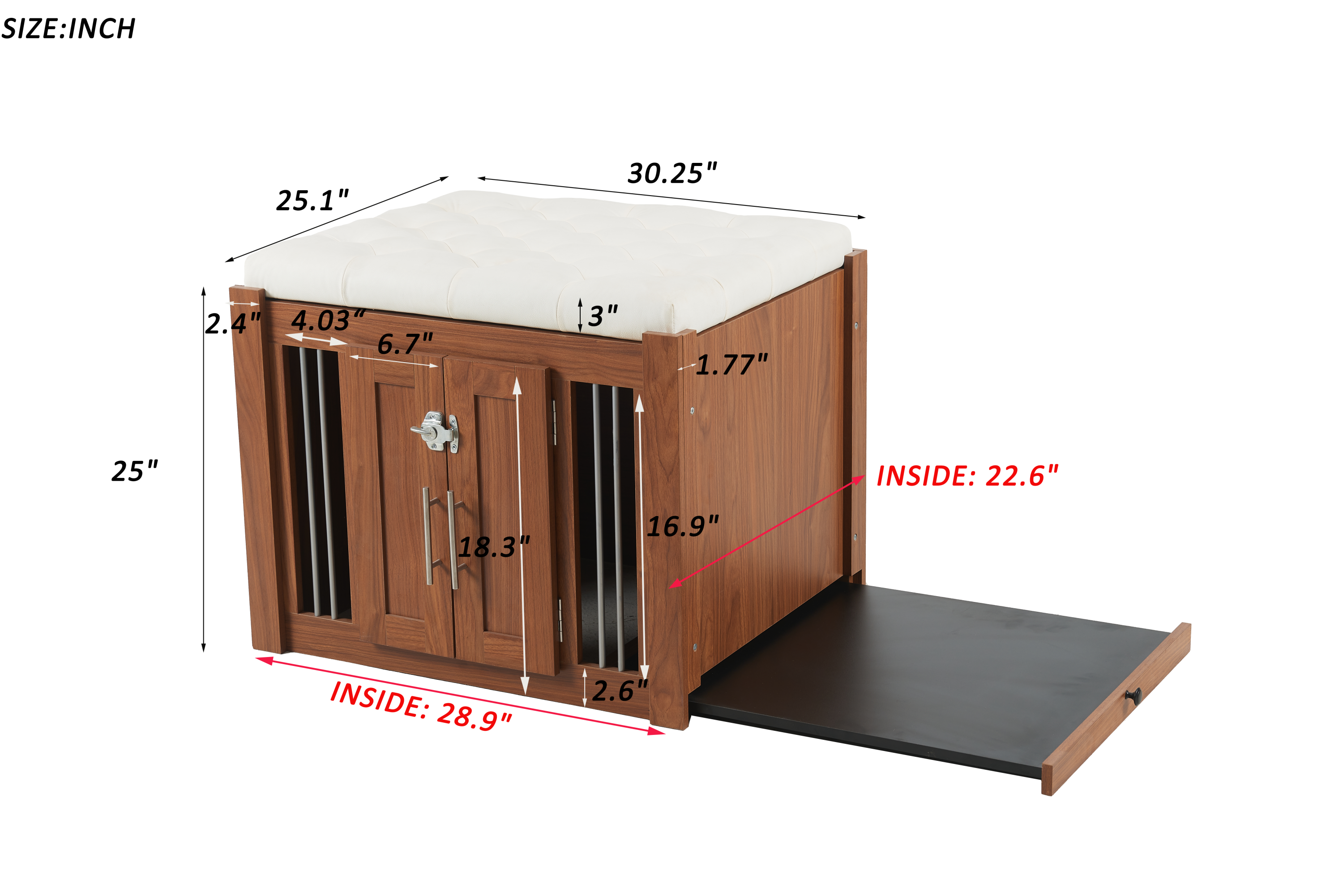39F Inc. - Wholesale Ottoman - 2-in-1 Dog Crate & End Bench with Padded Seat, Walnut6