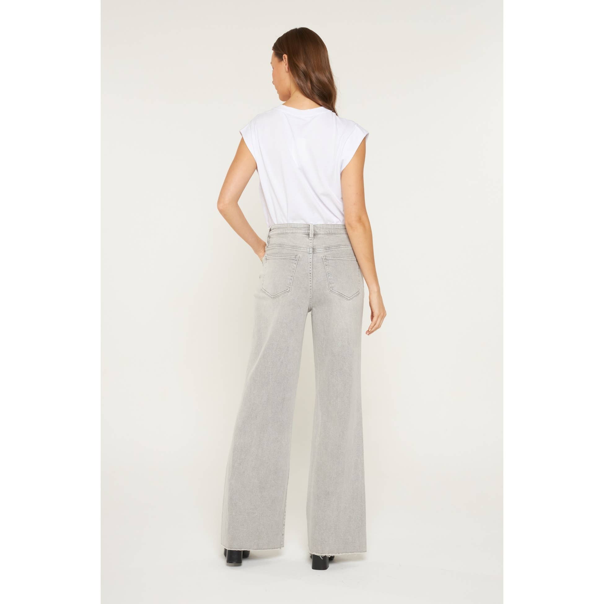 PLATINUM GREY SUPER HIGH WIDE LEG WITH RAW HEM for wholesale on Faire6