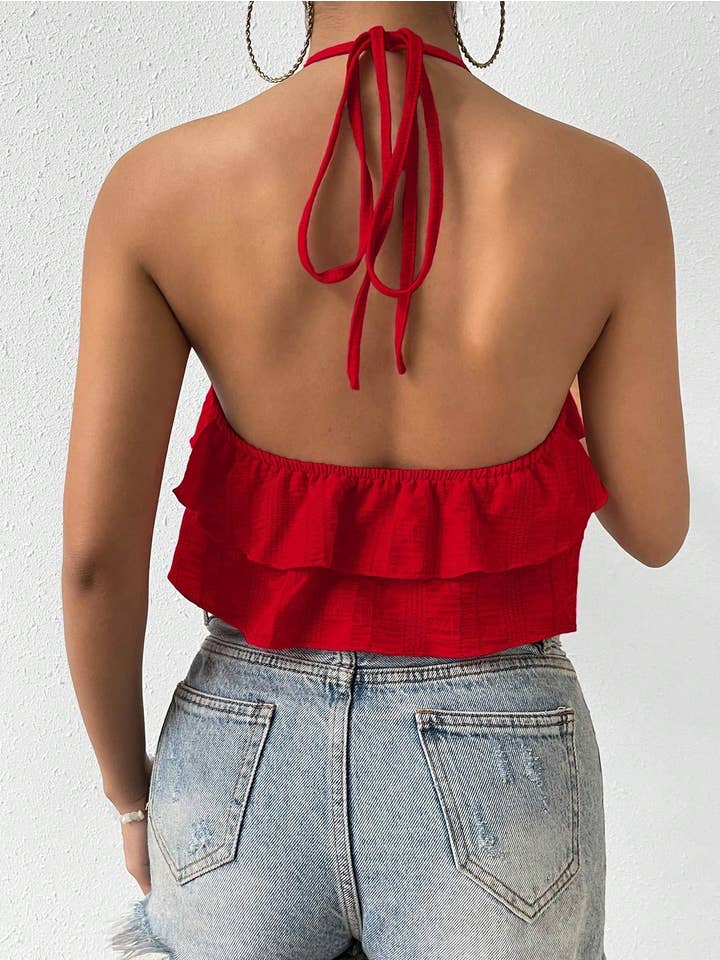 Queen Fashion - Wholesale Blouse – Women’s - break solid ruffle trim tie backless halter top14