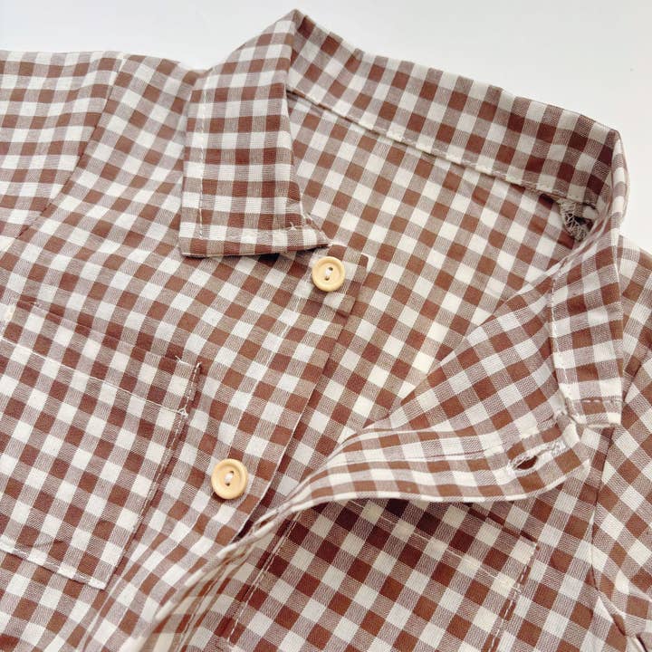 Coffee Summer Arrival Baby Boys Casual Plaid Turn-down Collar Short Sleeves Onesies for wholesale on Faire