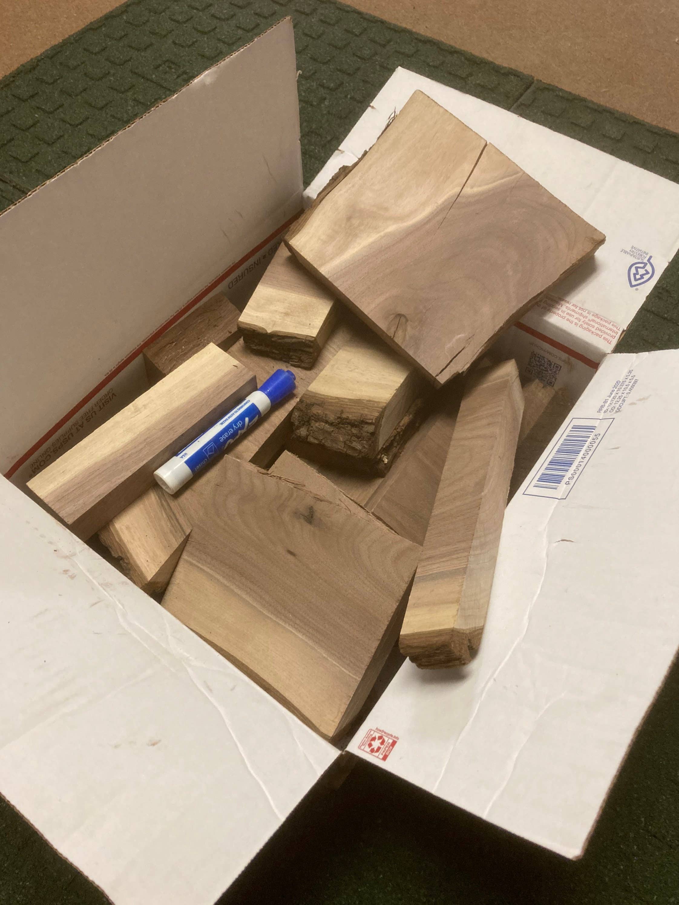 Stumps Custom Wood – wholesale Craft supplies – 8lb Walnut Slabs & Wood Scrap Sticks Craft Bundle Box3