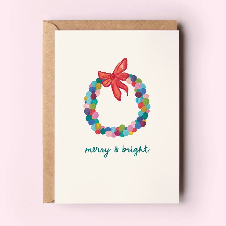 The Shelley Society - Wholesale Season's Greetings Card - Colorful Merry & Bright Bauble Wreath Holiday Greeting Card0