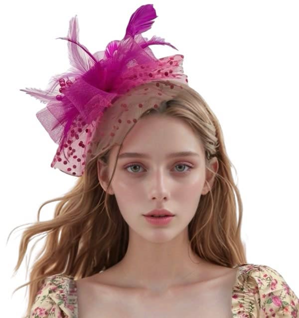 KBW Global Corp. - Wholesale Fascinator Hat - Women's - Hot Pink Veil Feather Fascinator Headband0
