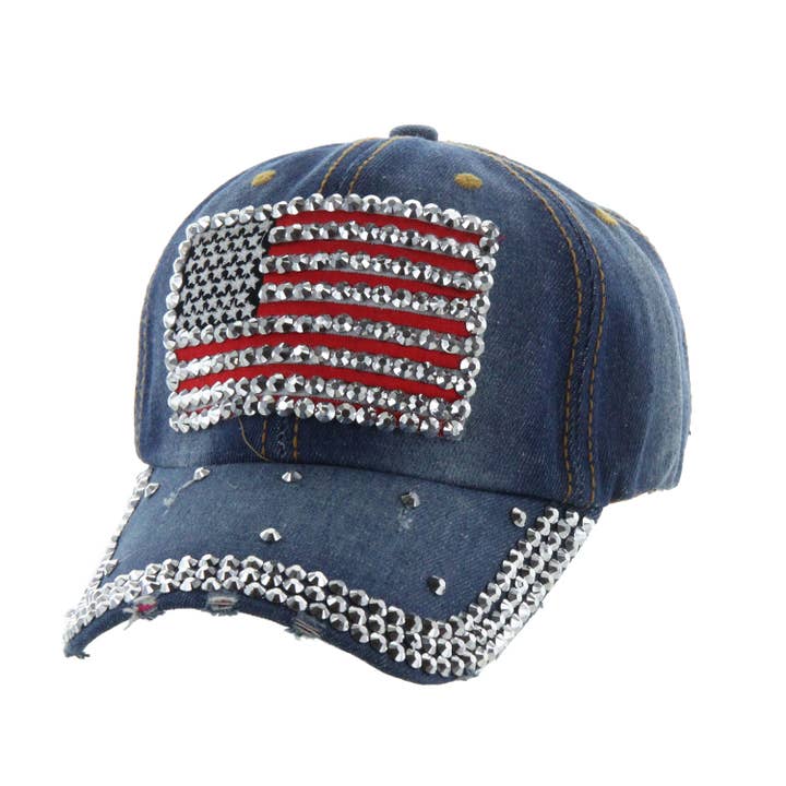 SP Sophia Collection - Wholesale Baseball Cap - Women's - Rhinestone American Flag Denim Baseball Cap