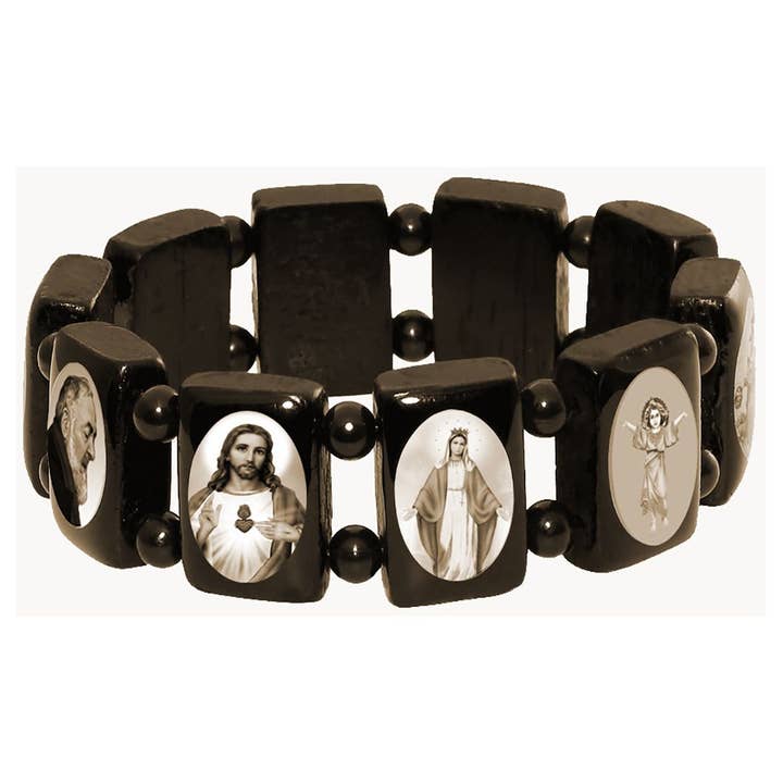 Large Black Wood B/White Saints Mary and Jesus Bracelet for wholesale by Catholica Shop