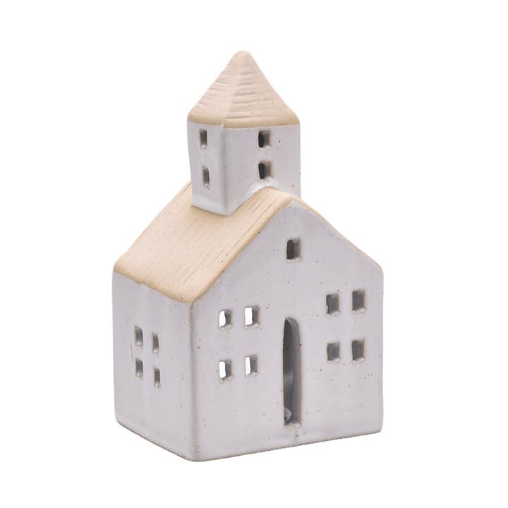 Bougeoir à chauffe-plat en céramique maison d'église blanche pour la vente par L. GLOW Home