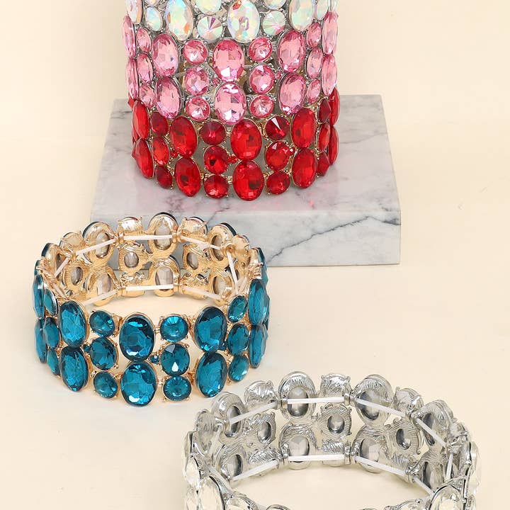 3 Row Crystal Gemstone Oval Cut Cluster Bracelet for wholesale by SP Sophia Collection