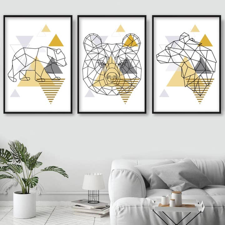 Ensemble de 3 imprimés YELLOW & Grey BEARS pour la vente par Artze Wall Art