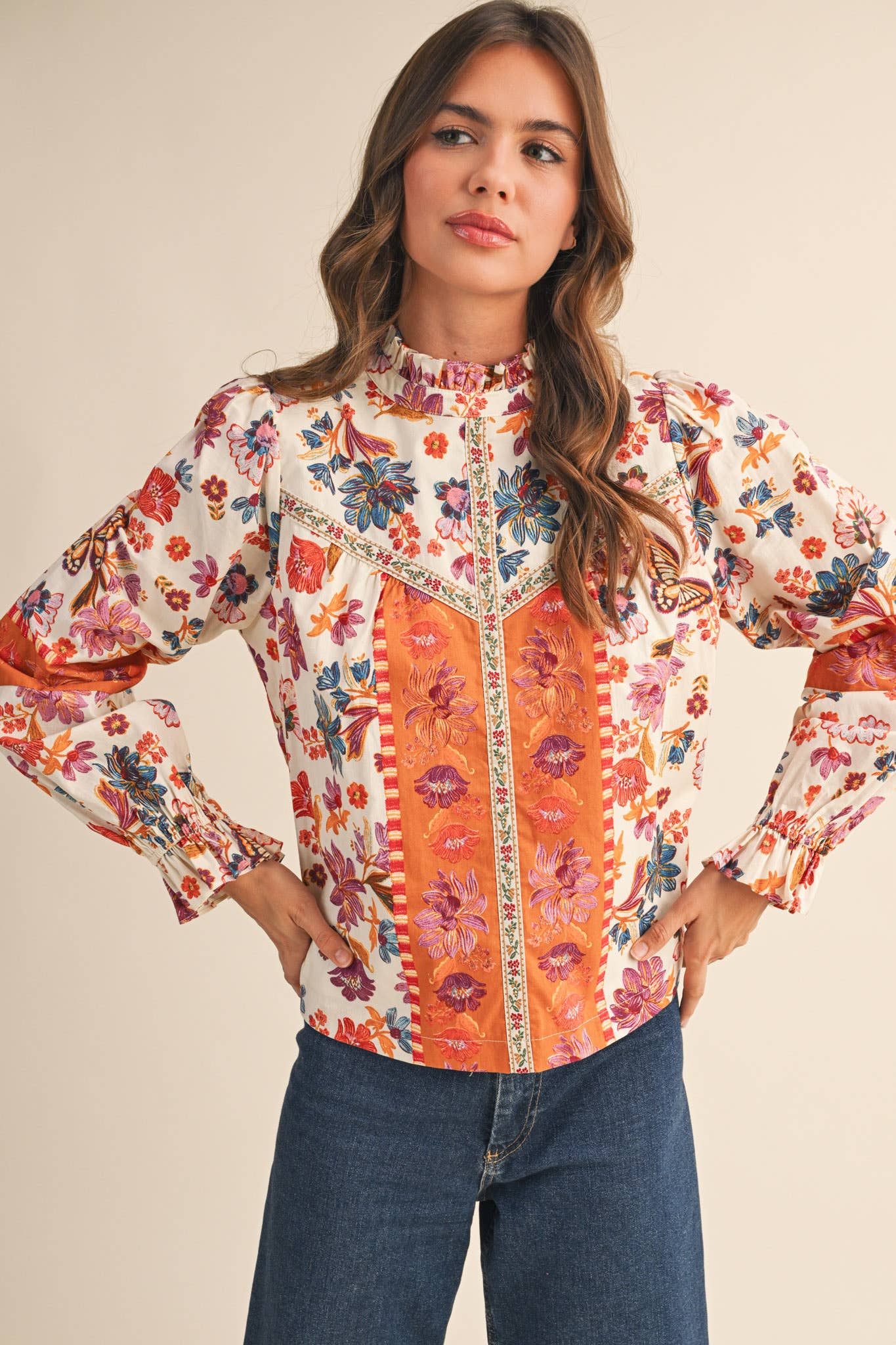 &MERCI - Wholesale Blouse - Women's - EXCLUSIVE FLORAL BORDER PRINT TOP WITH FLORAL TRIM MTP409712