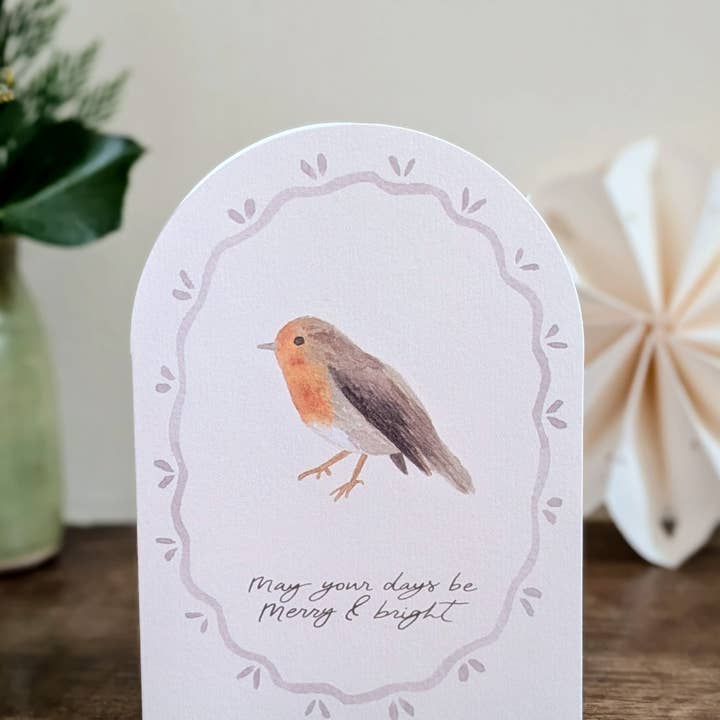 The Hidden Pearl Studio - Wholesale Christmas Card - 'Merry & Bright ' Robin Arch Shape Christmas Card 1