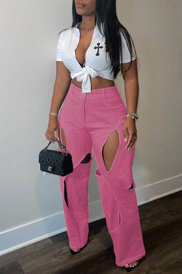 MB Fashion Wholesale - Wholesale Pants - Women's - MB FASHION STRAIGHT LEG HIGH WAIST CUTOUTS PANTS  9127LY16