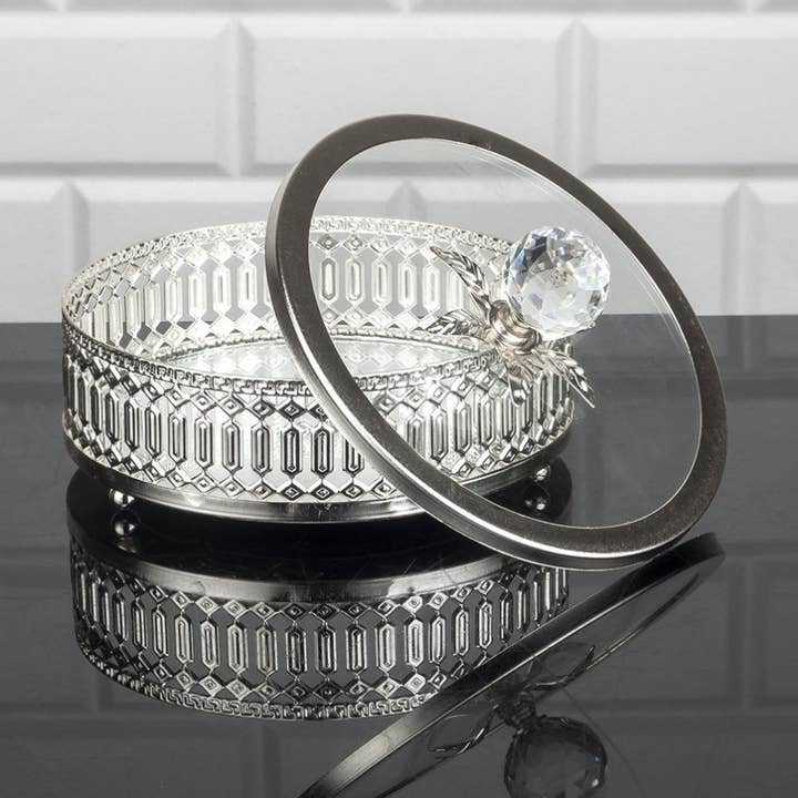 Hakan - Wholesale Decorative plate/dish/bowl - Stainless Metal Round Bowl with Glass Lid and Crystal Top2