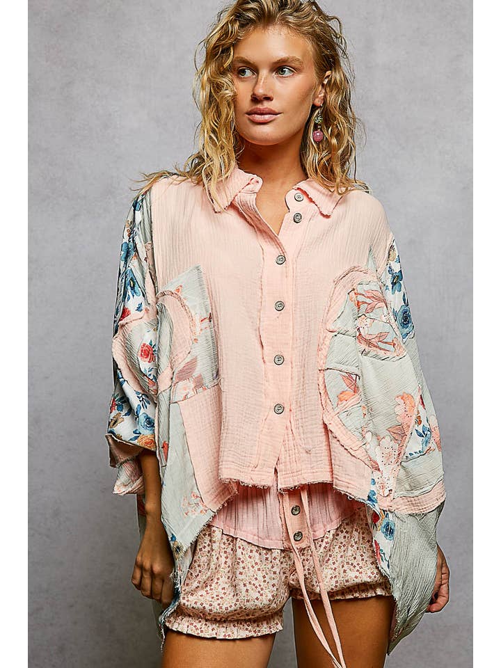 Pol Clothing - Wholesale Button Down Shirt - Women's - 3/4 sleeve roomy fit floral printed shirt top1
