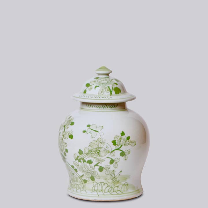 Cobalt Guild - Wholesale Decorative Jar - Medium Green and White Porcelain Bird and Flower Temple Jar