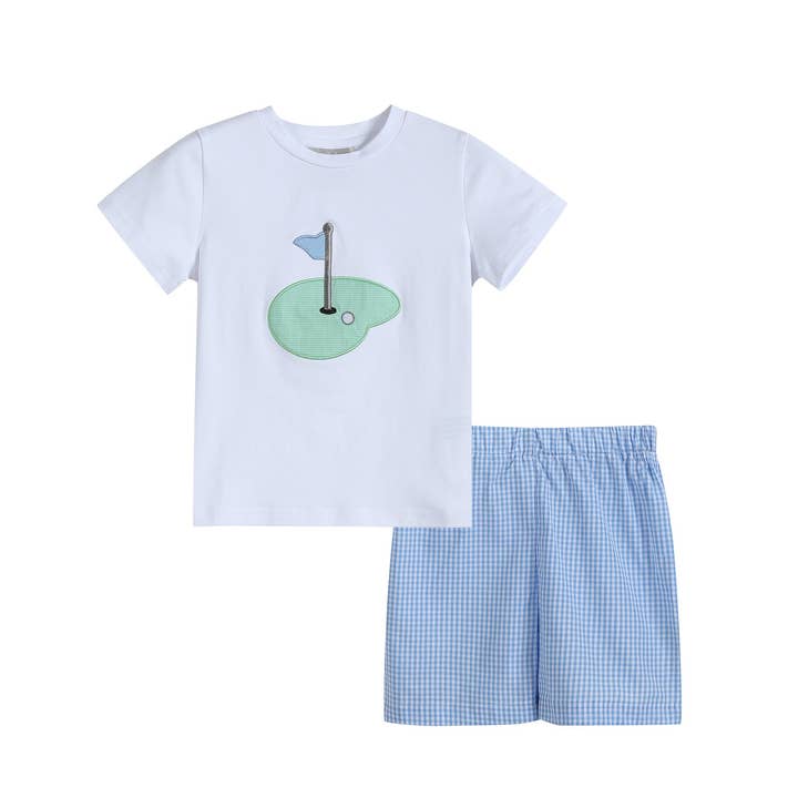Lil Cactus - Wholesale Top & Short Set - Kids - Blue Gingham Golf Hole Shirt and Shorts Set