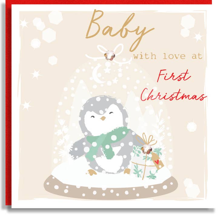 SABIVO Design – wholesale Christmas card – Baby Penquin Snowglobe 1st Christmas Sequin Card Wholesale