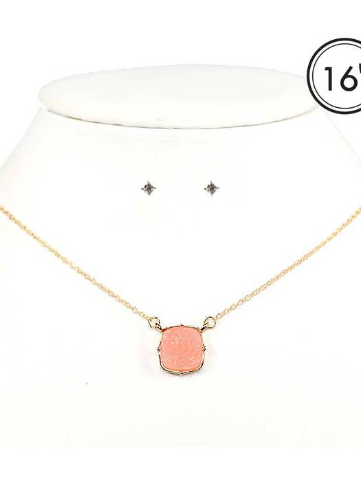 ( H141 ) DRUZY SQUARE PENDANT NECKLACE SET for wholesale by Jewelry Max