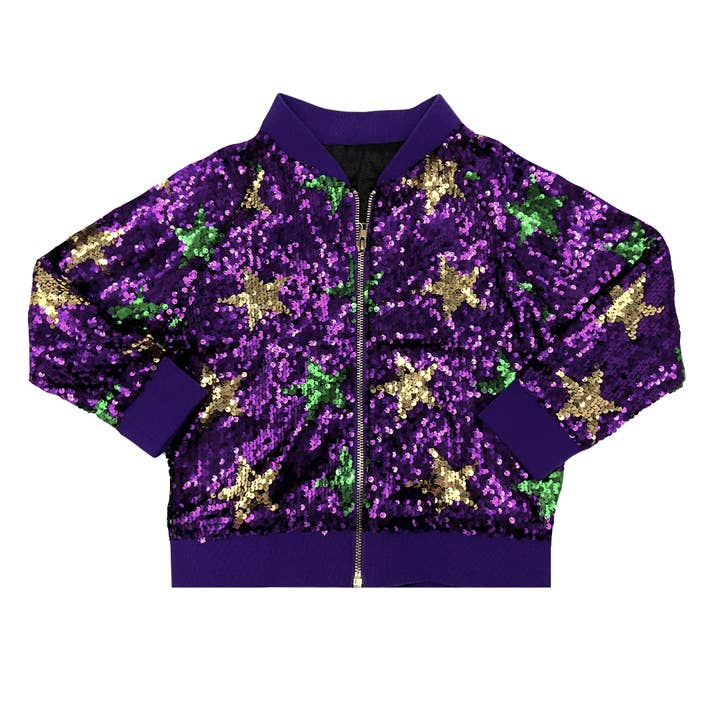 Kids Purple, Green, and Gold Mardi Gras Stars Sequin Bomber Jacket (Each) for wholesale by Plush Appeal LLC