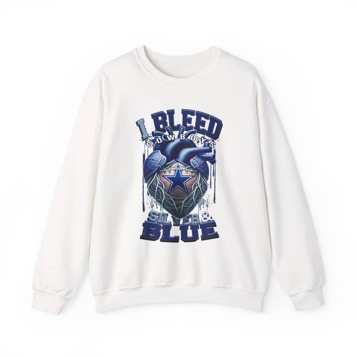Tilpasningsbar Cowboys-fan "I Bleed Blue"-hjerte-design sweatshirt | Beklædning til sportsfans for engroshandel hos Le Paperie Co