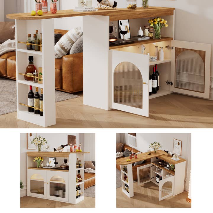 Urban Meuble - Wholesale Sideboard - Modern white rotating extendable bar table with storage and LED light strip THRUTELS WHITE3