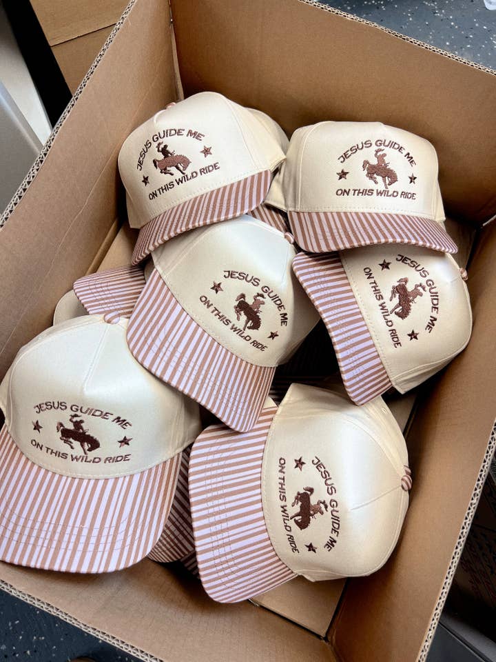 Jesus Guide Me On This Wild Ride- Brown Striped Hat for wholesale by Ruby Moon