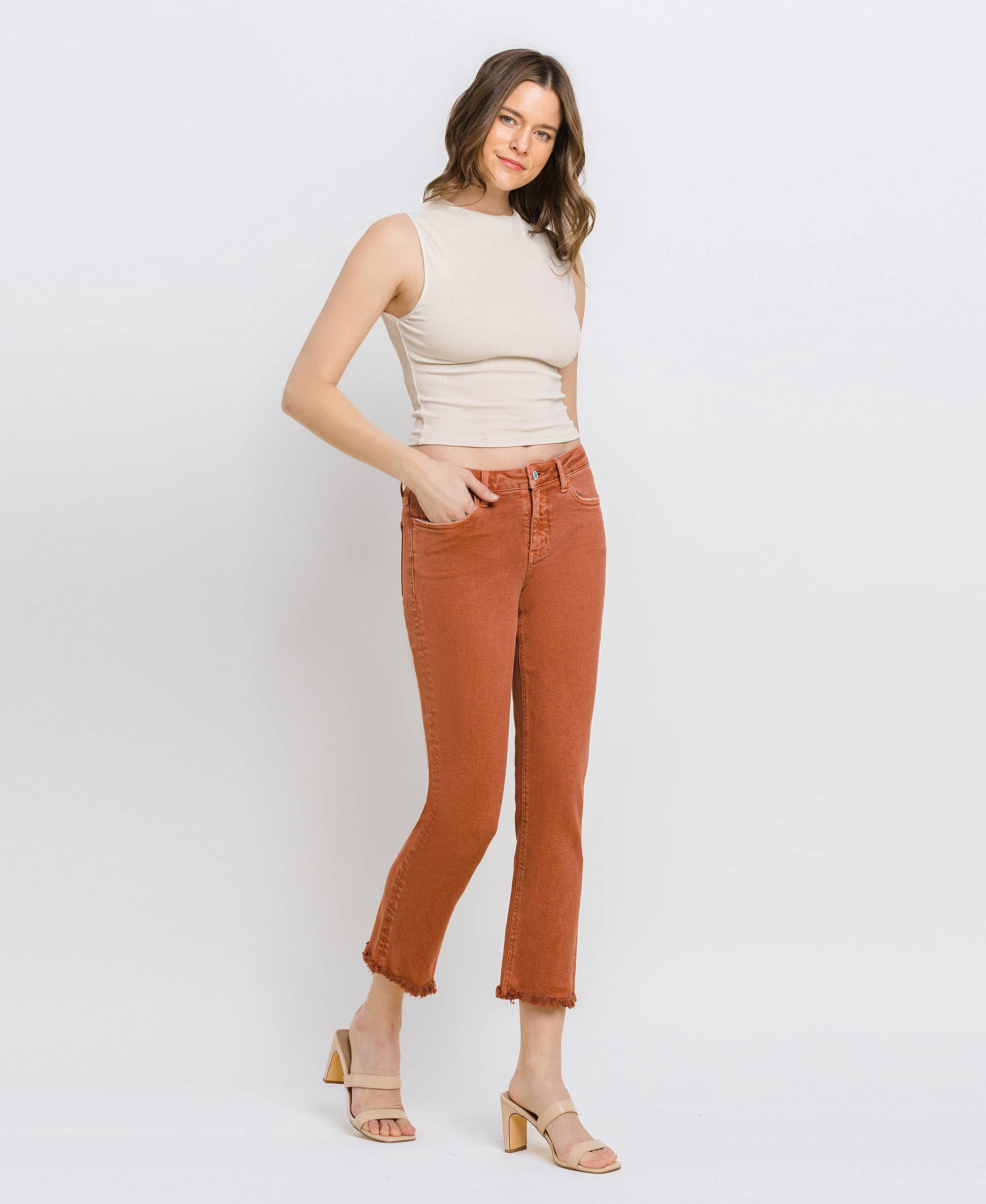 BAKED CLAY MID RISE FRAYED HEM CROP SLIM STRAIGHT JEANS V3500BKC for wholesale on Faire12