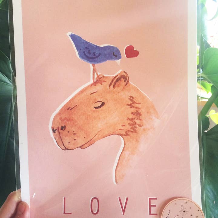 Katinka Feijs - Wholesale Art Print - Capybara & Bird Illustration, A4 Art Print