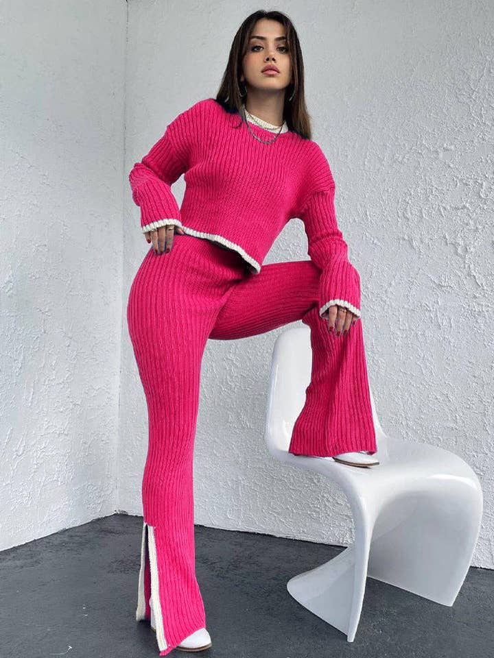 Sweetkama - Wholesale Top & Pant Set (NOT Loungewear) - Women's - Sweetkama Ladies Color Block Short Top Split Pants Knit Set3