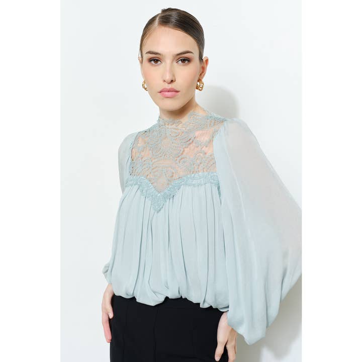 Elegant Lace Mock Neck Sheer Long Sleeve Blouse for wholesale by INA