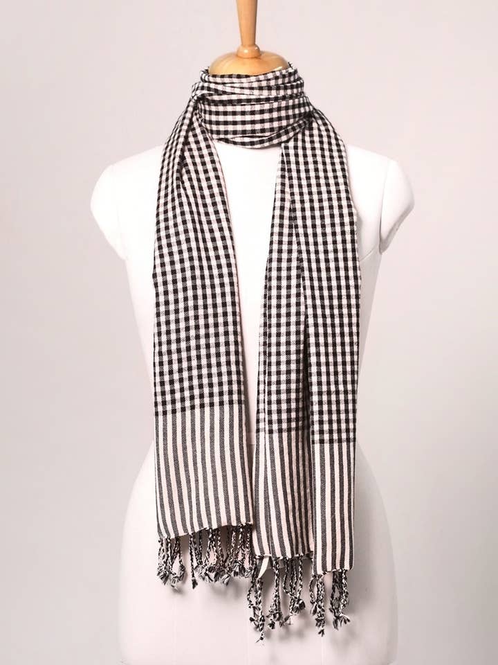 Classic Gingham Woven Wool Scarf with Tassels - Black White | SVEŽElife for wholesale by SVEZElife